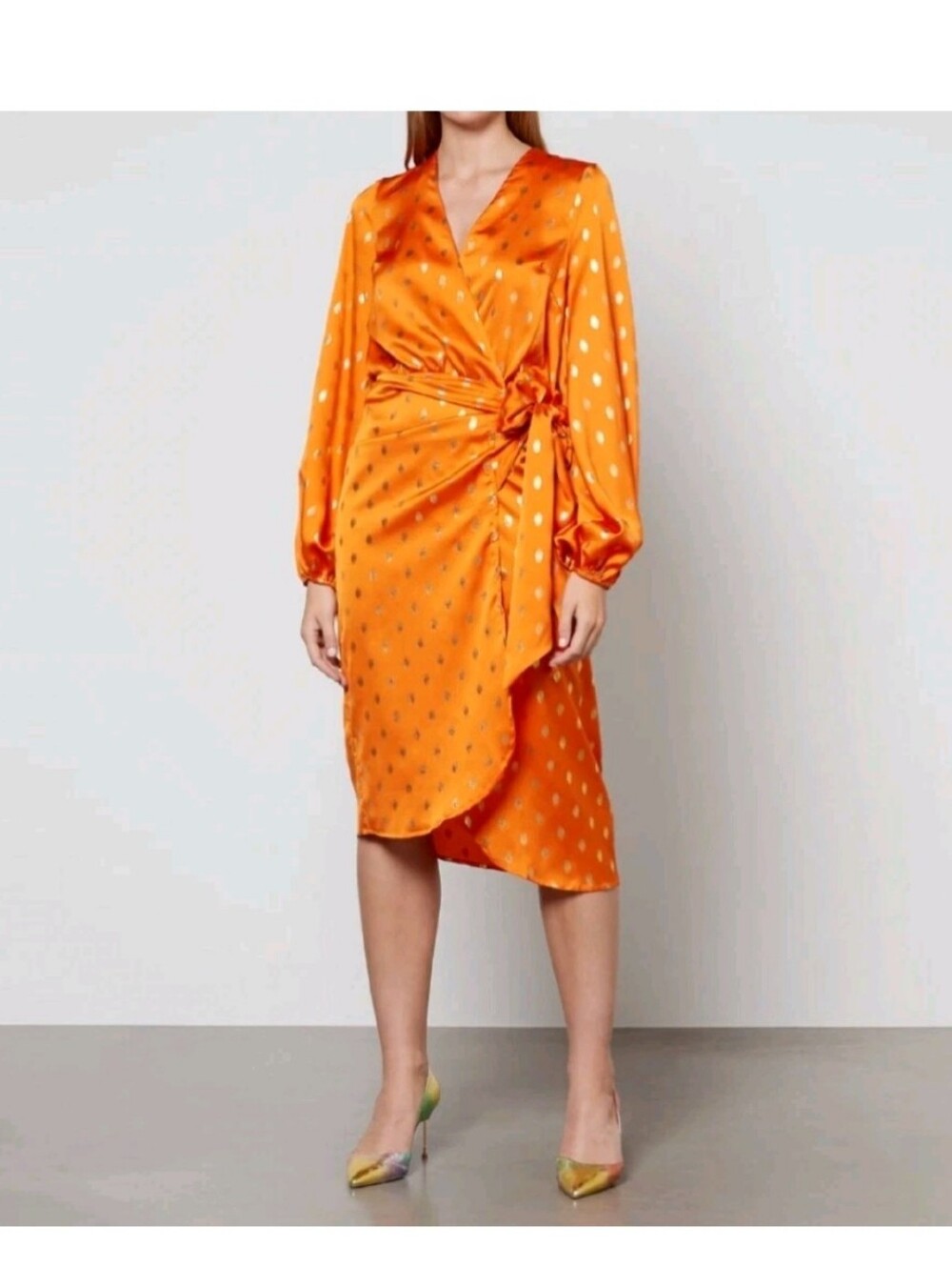 Never Fully Dressed Orange Polka Dot Wrap Midi Dress
